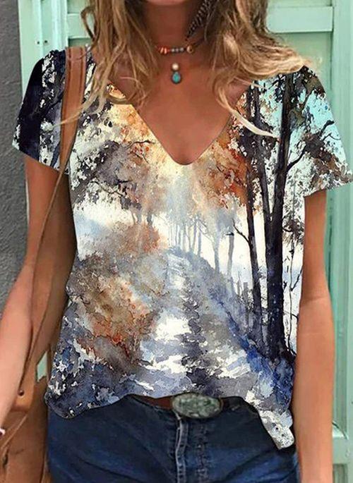 TP10283 Floral V Neckline Short Sleeve Casual T shirts