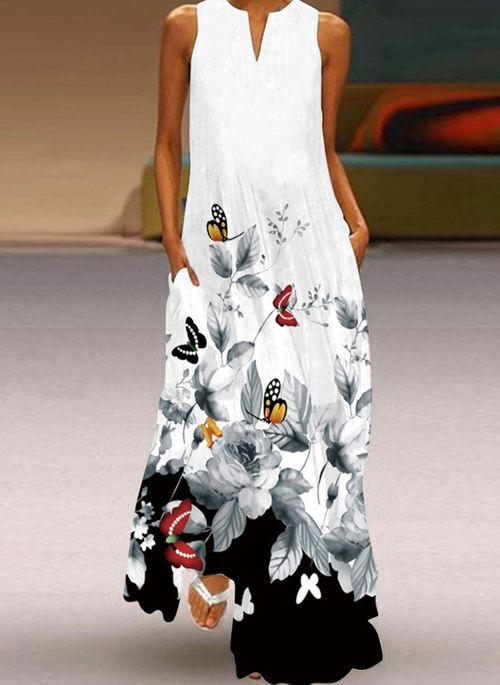 DS11074 Casual Floral Tunic V Neckline A line Dress