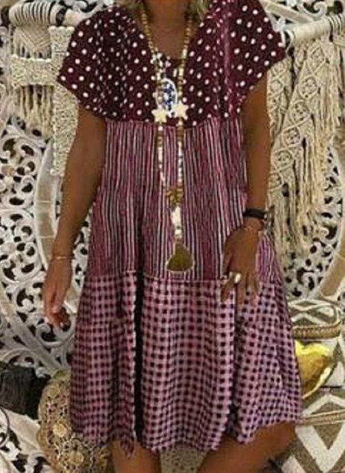 DS11090 Casual Polka Dot Tunic V Neckline A line Dress