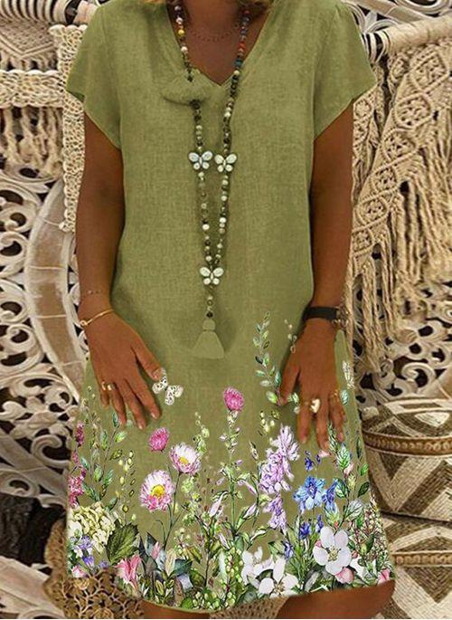 DS11067 Casual Floral Tunic V Neckline A line Dress