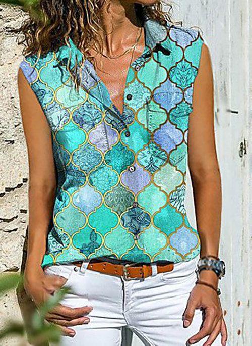 TK10087 Geometric Casual Collar Sleeveless Blouses