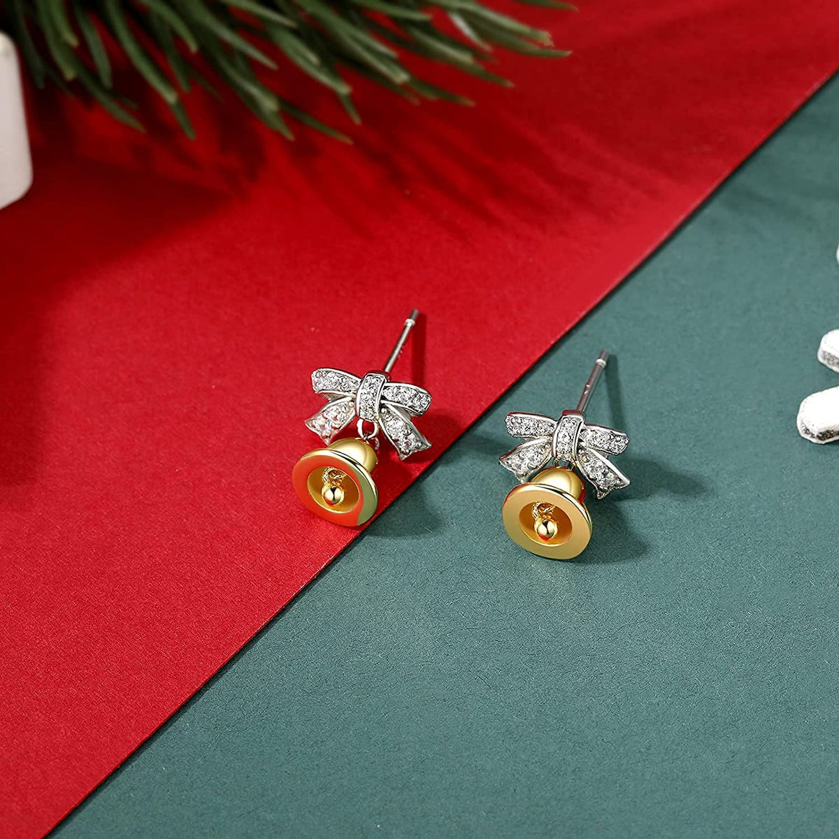Christmas Bell Bow Silver Stud Earrings