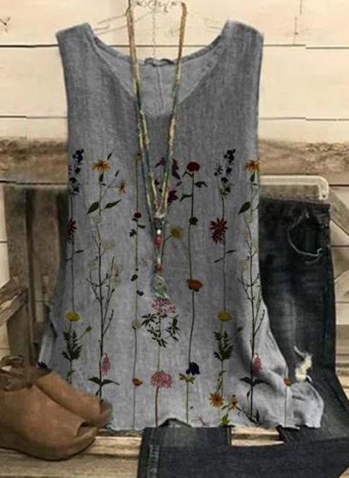 TK10102 Floral Casual V Neckline Sleeveless Blouses