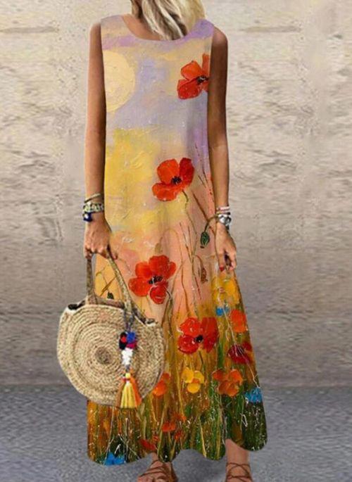 DS11079 Casual Floral Tunic Round Neckline Shift Dress