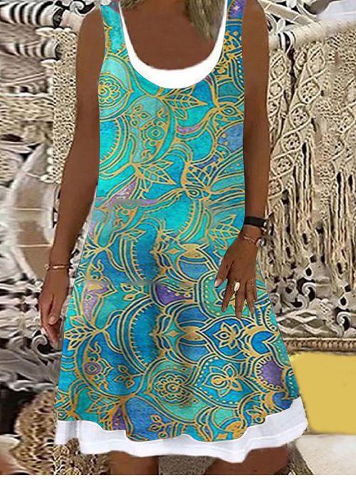 DS11056 Casual Floral Tunic Round Neckline A line Dress