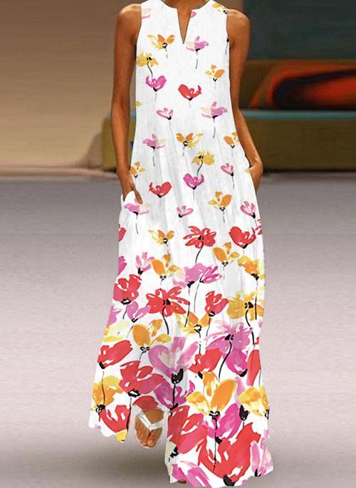 DS11075 Casual Floral Tunic V Neckline A line Dress